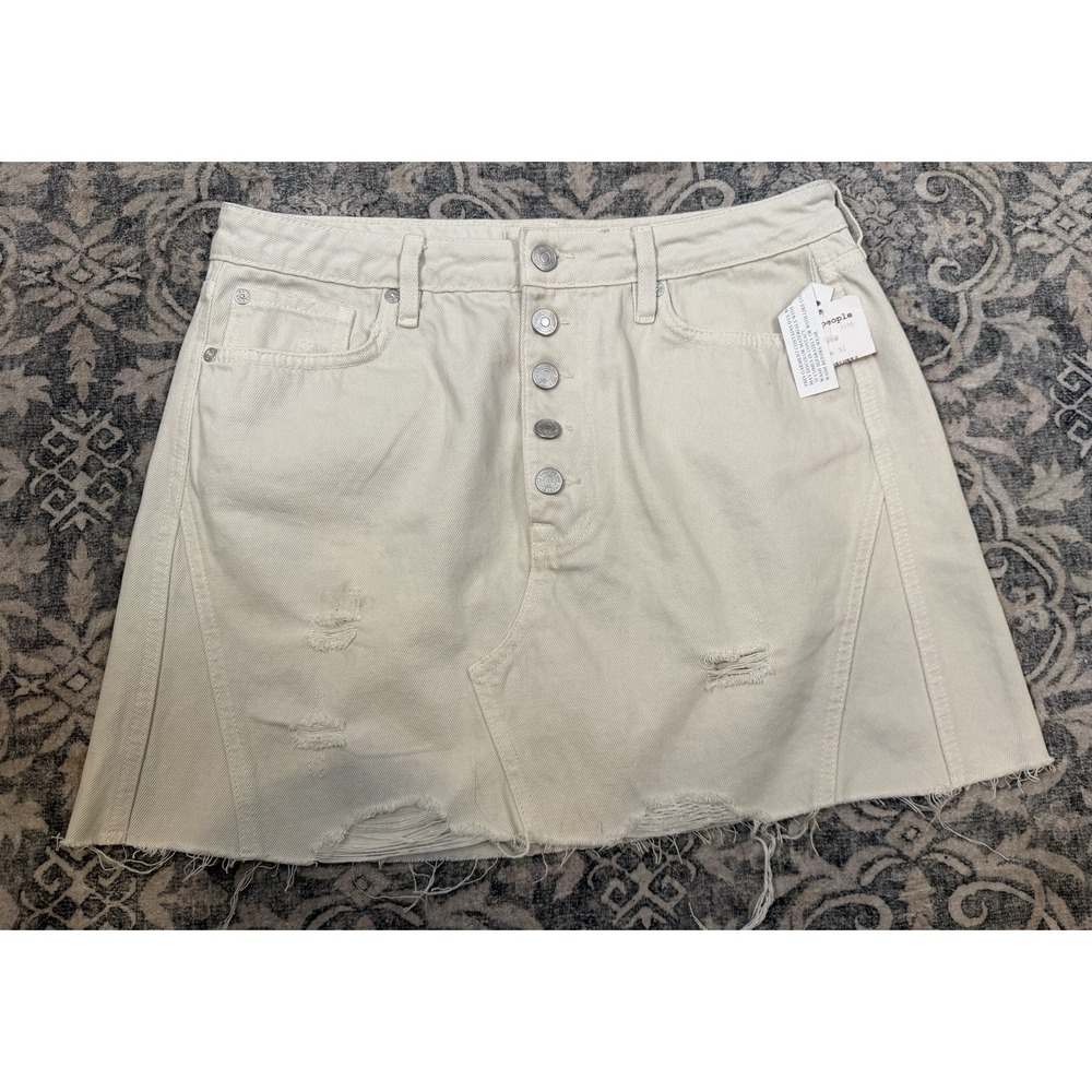 New Free People We The Free Ecru Button‎ Fly Denim Mini Skirt 31 Distressed